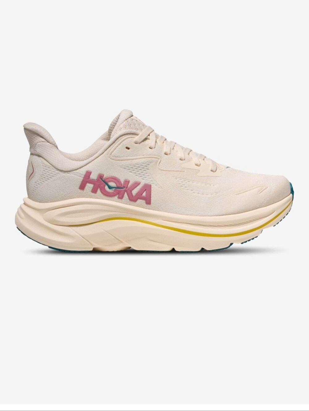 Hoka Women's Cream Running Shoe with Pink Logo and Beige Accent Clifton 10 7.5